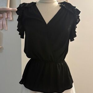 Bellatrix Black Ruffle-Sleeve V-Neck Peplum Blouse